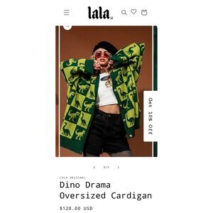 Dressed In Lala Dino Drama Oversized Cardigan Green Checkered Dinosaur 2X 3X NEW